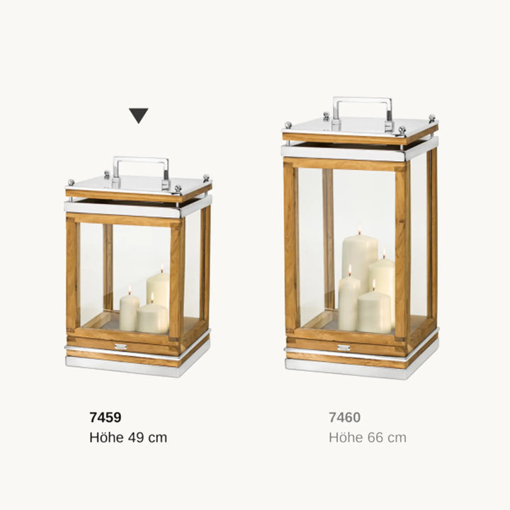 Lanterne Huntville  H49 cm | Bois de teck fin | Acier inoxydable, nickelé brillant