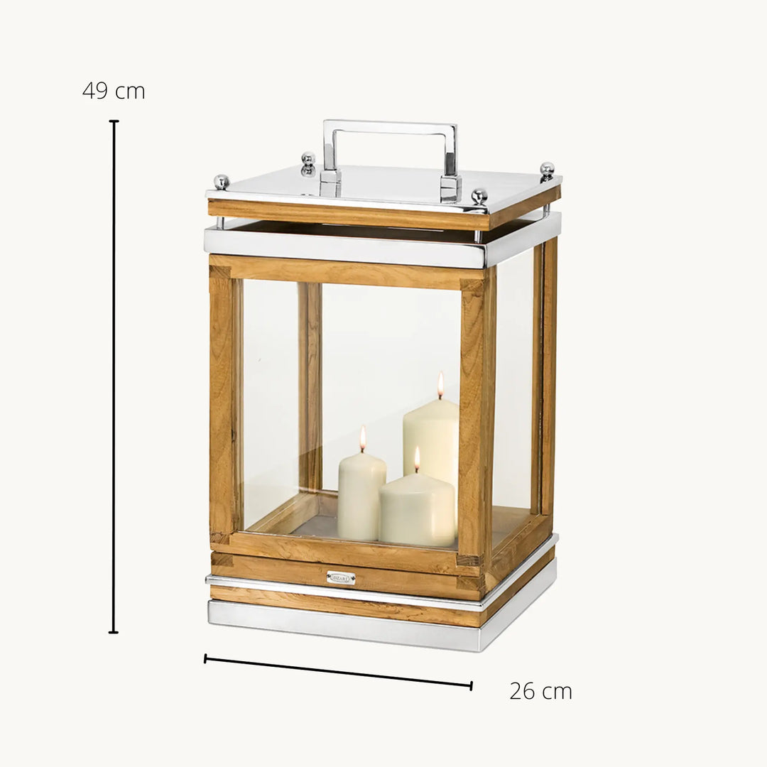 Lanterne Huntville  H49 cm | Bois de teck fin | Acier inoxydable, nickelé brillant