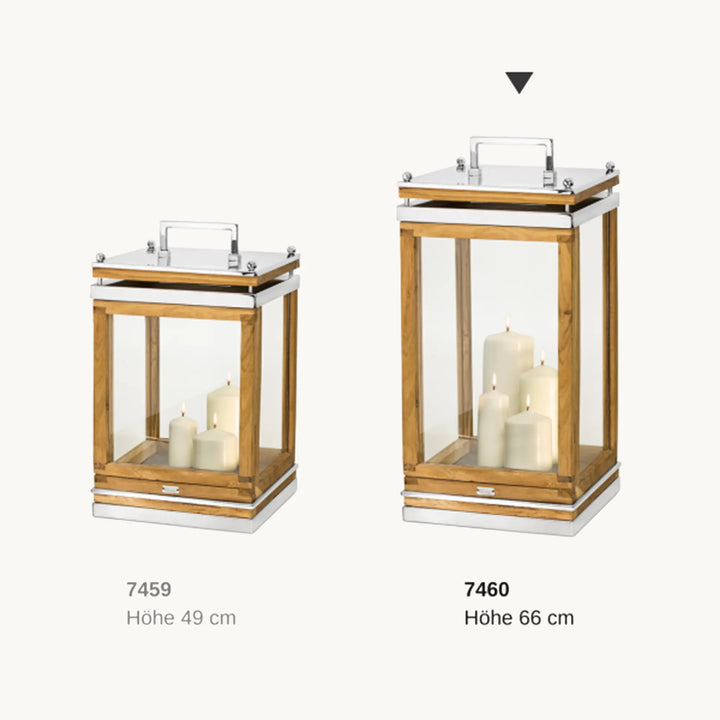 Lanterne Huntville  H66 cm | Bois de teck fin | Acier inoxydable, nickelé brillant