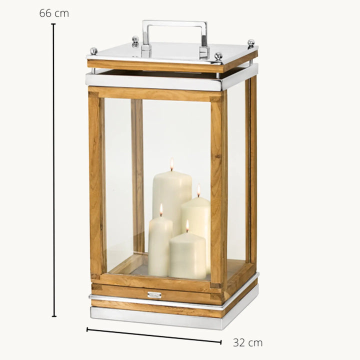 Lanterne Huntville  H66 cm | Bois de teck fin | Acier inoxydable, nickelé brillant