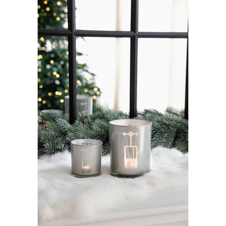 Lot de 2 photophores en verre (hauteur 8 cm, ø 7,5 cm) en gris, avec motif  télécabine de ski