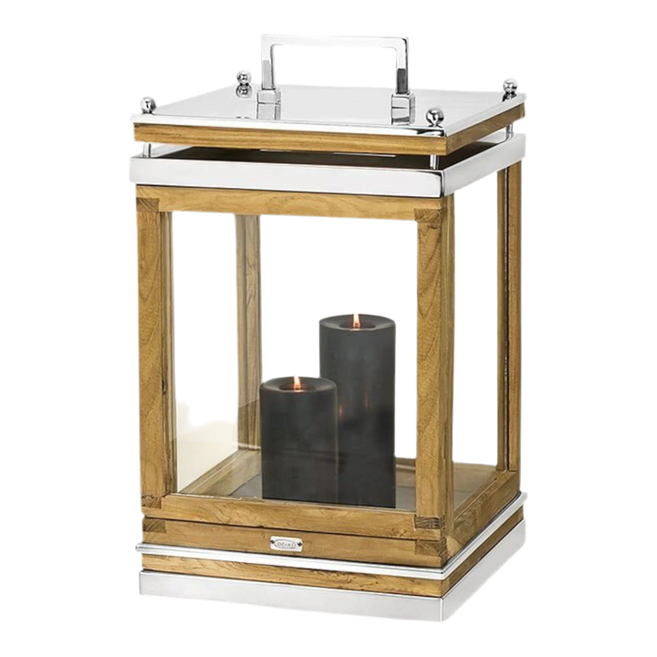 Lanterne Huntville  H49 cm | Bois de teck fin | Acier inoxydable, nickelé brillant