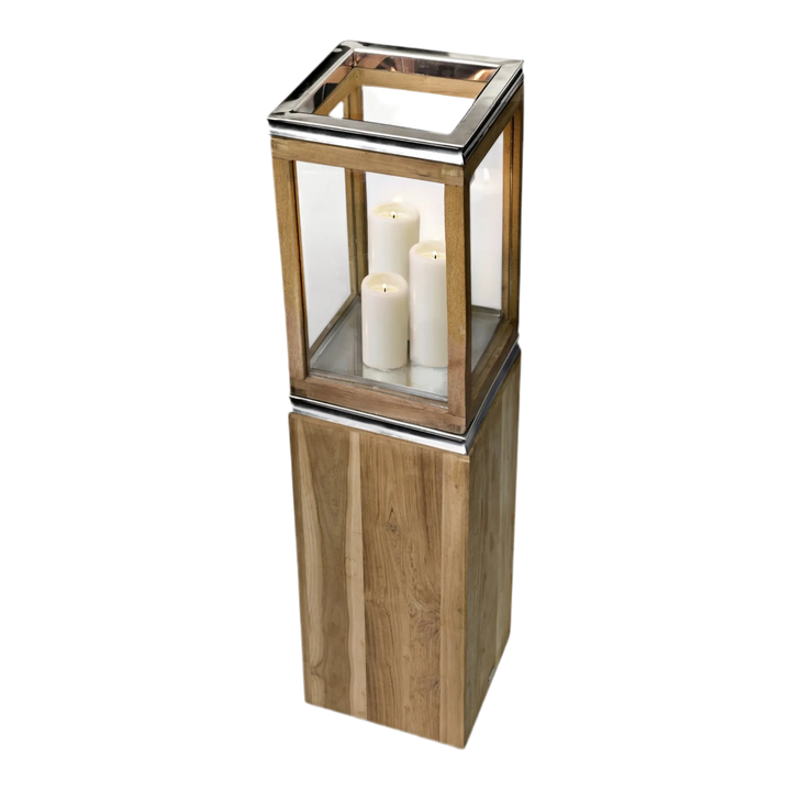 Lanterne Dubaï  H105 cm |socle, bois de teck fin | Acier inoxydable, nickelé brillant