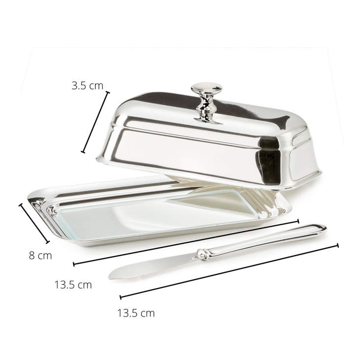 Beurrier en métal argenté avec plateau en verre et couteau à beurre assorti 