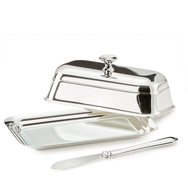 Beurrier en métal argenté avec plateau en verre et couteau à beurre assorti – 8 x 13 cm