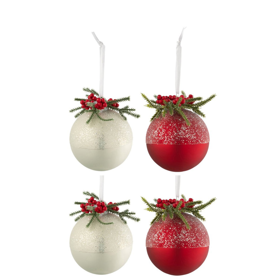 Boîte de 4 Boules de Noël avec Baies Givrées Blanc/Rouge&nbsp;&nbsp;