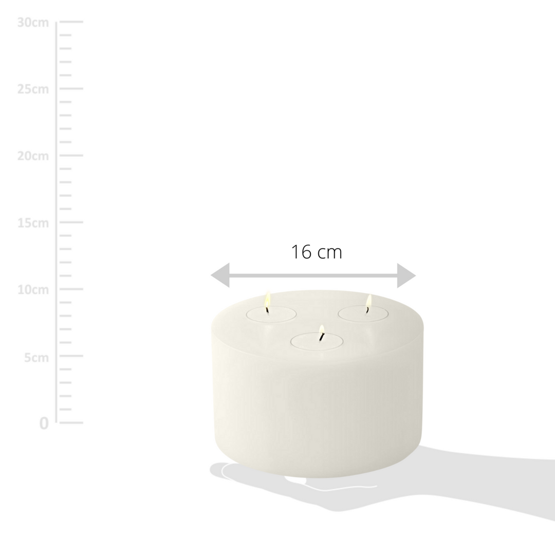 Bougie permanente Cornelius (hauteur 9 cm, Ø 16 cm), blanche, photophore pour 3 chauffe-plats, résistant à la chaleur 