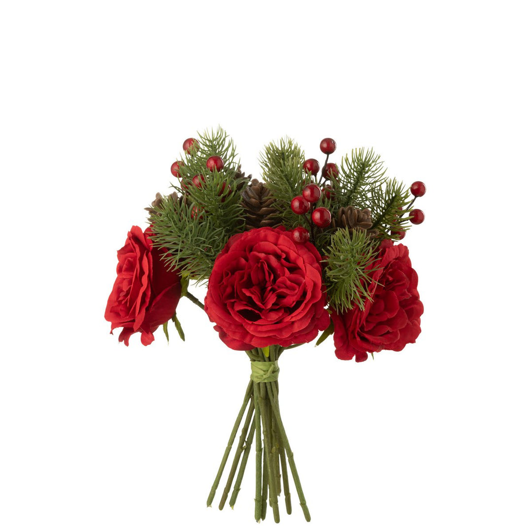 Bouquet Roses, Baies et Branches de Pin