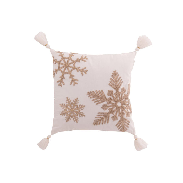 Coussin Flocon de Neige + Pompons Cotton blanc / beige noel