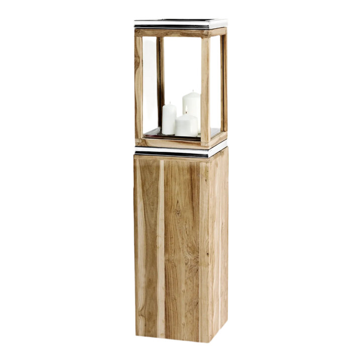 Lanterne Dubaï  H105 cm |socle, bois de teck fin | Acier inoxydable, nickelé brillant