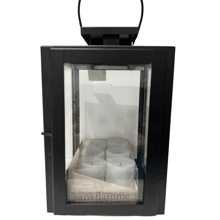 Lanterne Noir Hauteur 21  cm  et 6  bougies LED en cire offertes