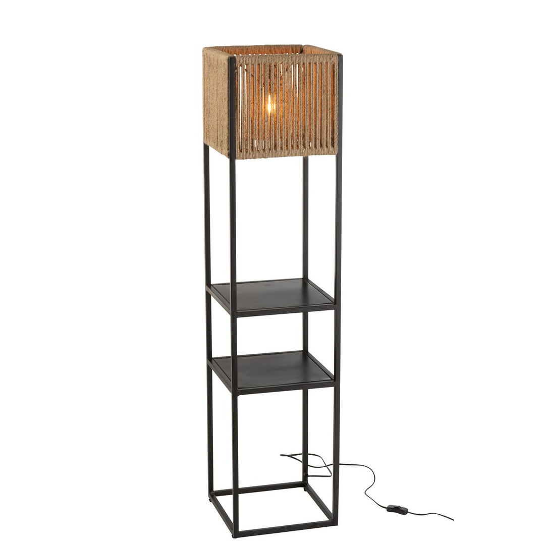 Lampadaire en fer noir avec abat-jour carré en jute naturel