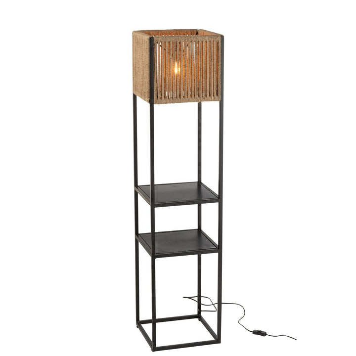 Lampadaire en fer noir avec abat-jour carré en jute naturel