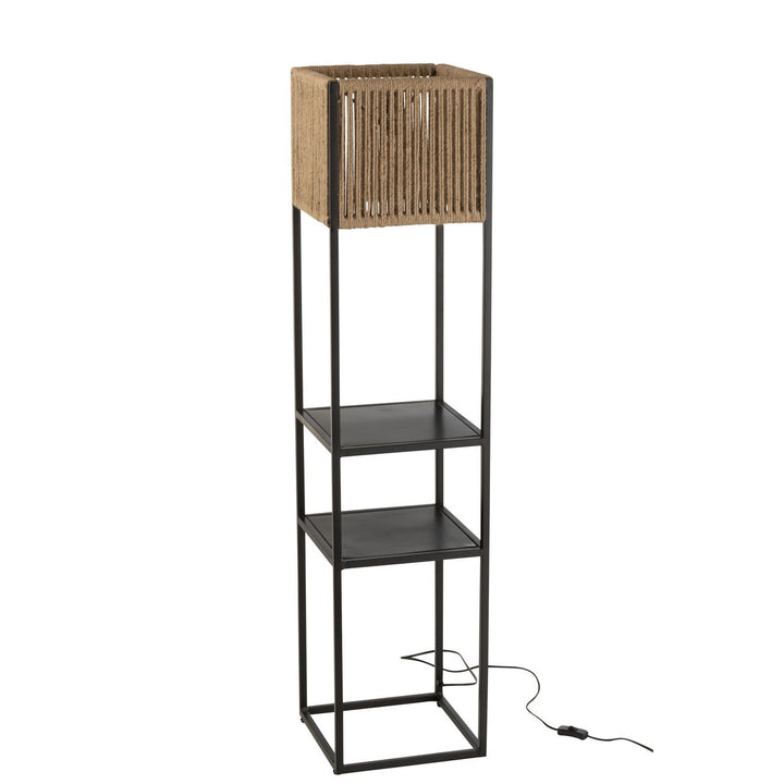 Lampadaire en fer noir avec abat-jour carré en jute naturel 2