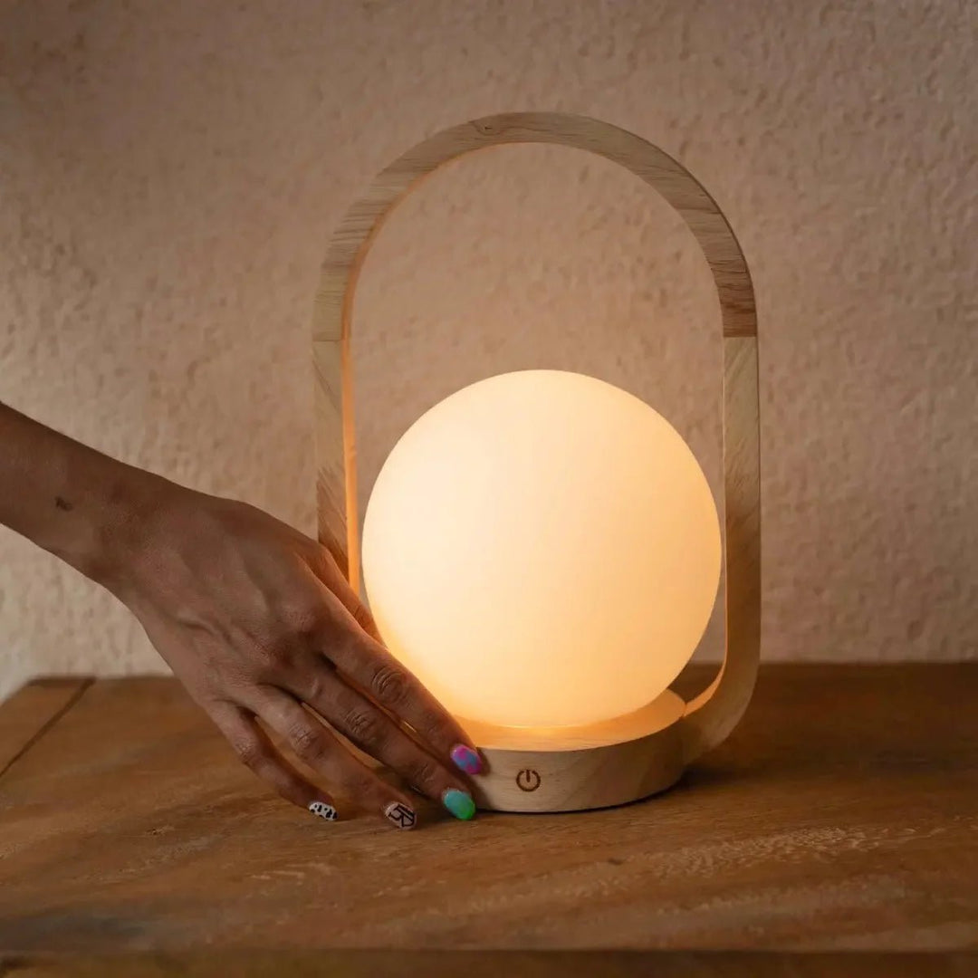 Lampe de Table Sans Fil enBois Clair & Verre Mat 14