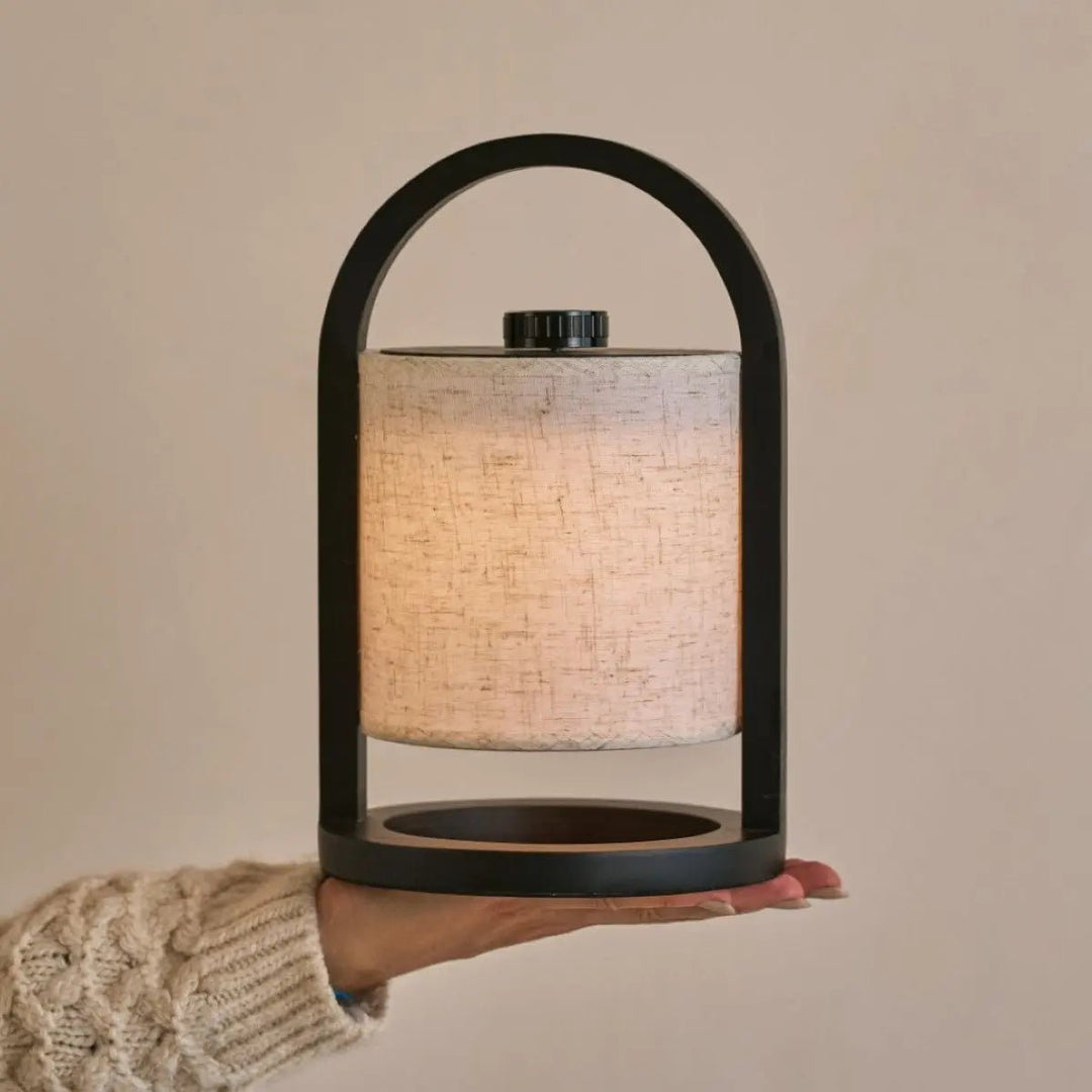 Lampe rechargeable Bois noir massif et abat-jour coton