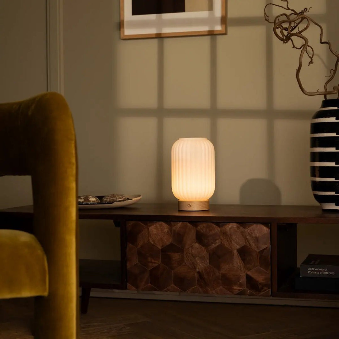 Lampe rechargeable sans fil  en Verre dépoli; base en bois | Dimmable | 3 modes d’éclairage