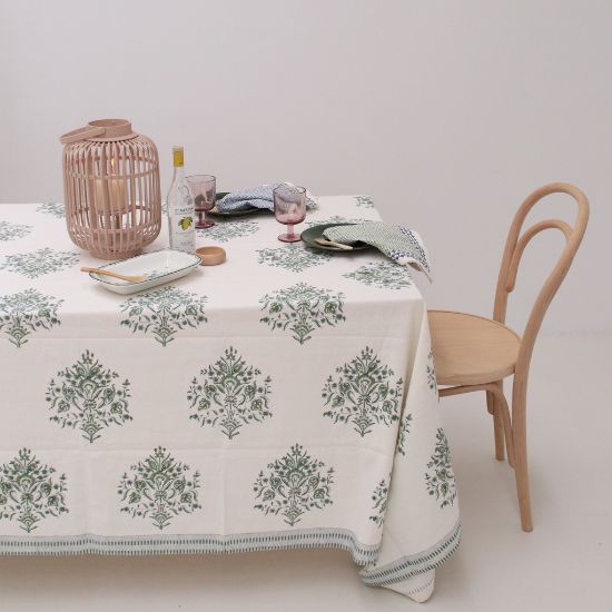 Nappe de Noel  Vert imprimées à la main au block print Motif