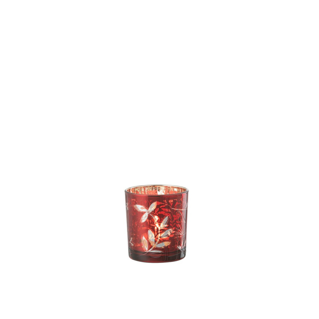 Photophore Feuilles Verre Rouge/Antique Or Petit