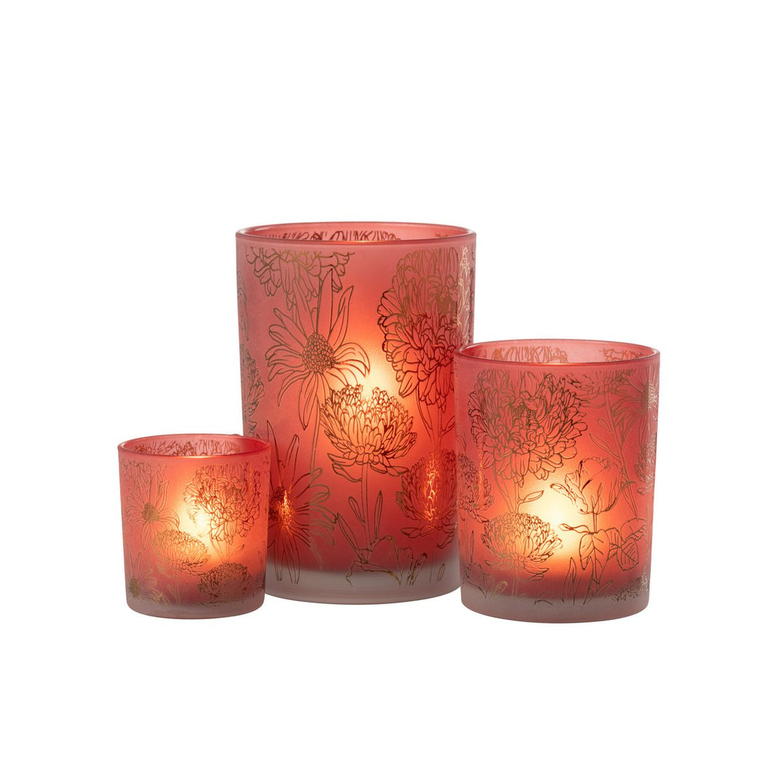 Photophore Fleurs Verre Mat Rouge/Or Large 4