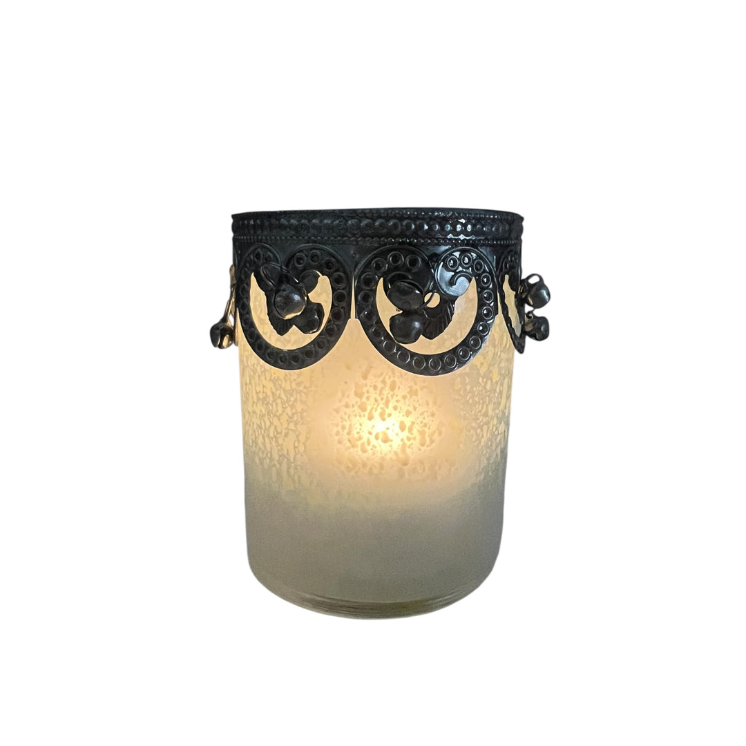 Photophore en verre crème tacheté avec clochette 