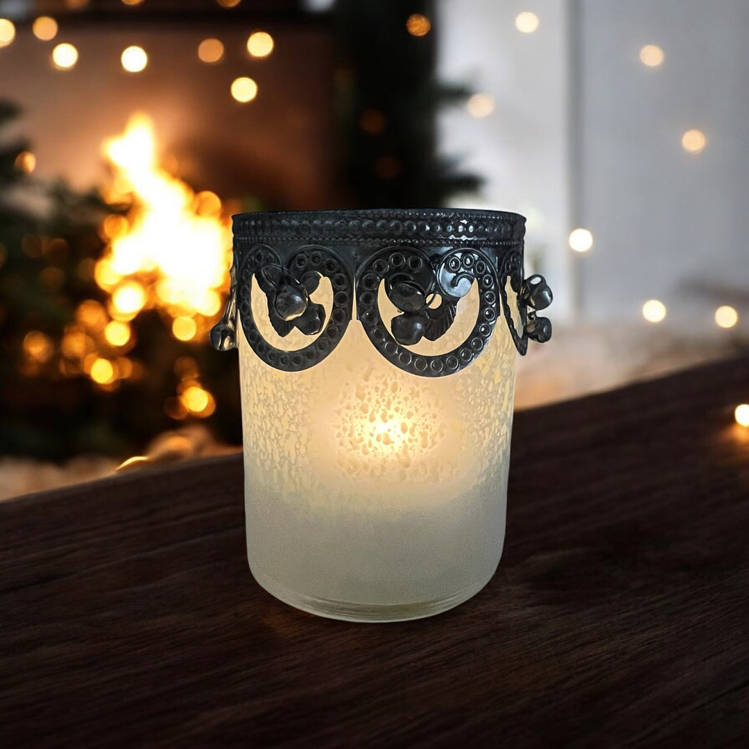 Photophore en verre crème tacheté avec clochettes 