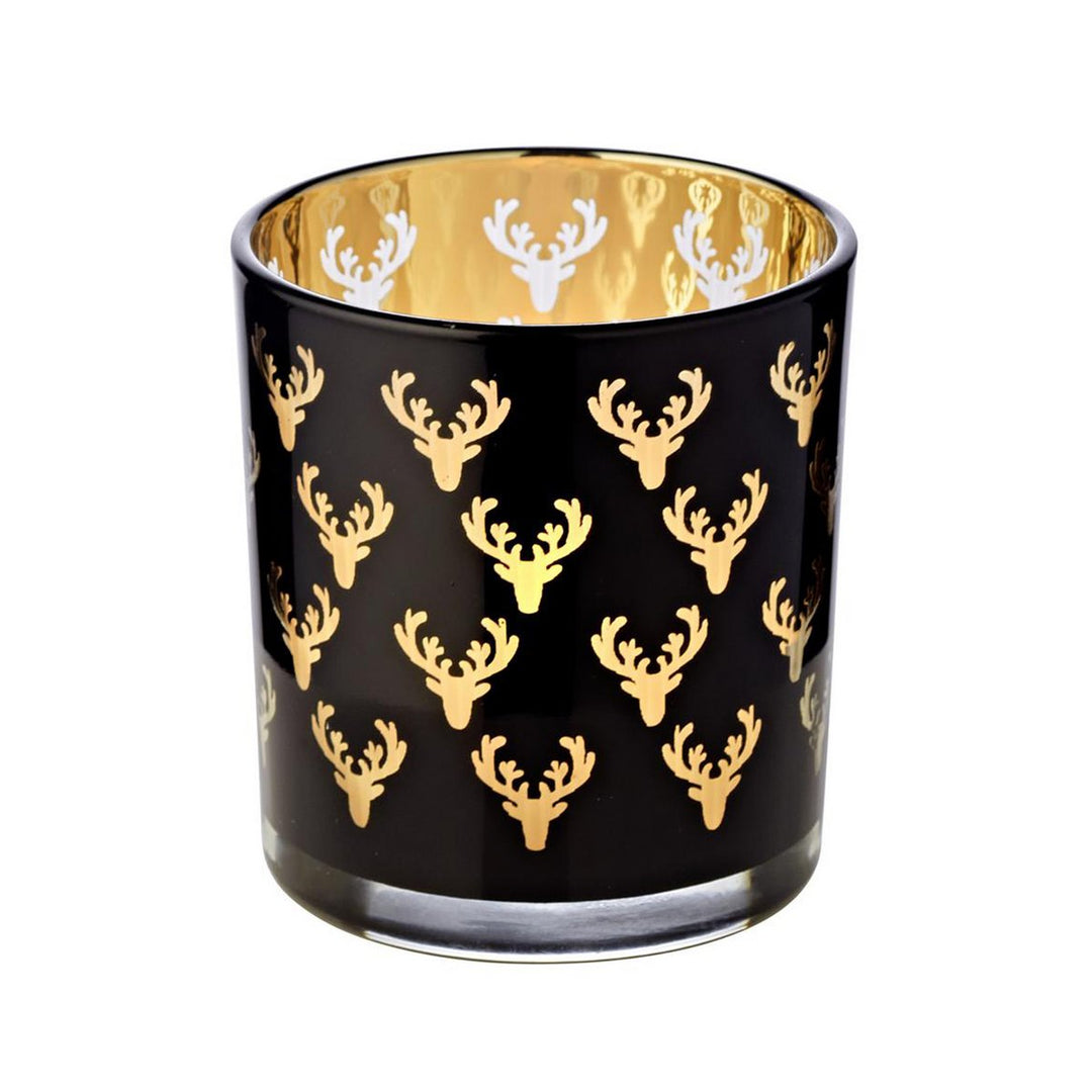 Porte-bougie en verre (hauteur 13 cm), noir, motif cerf