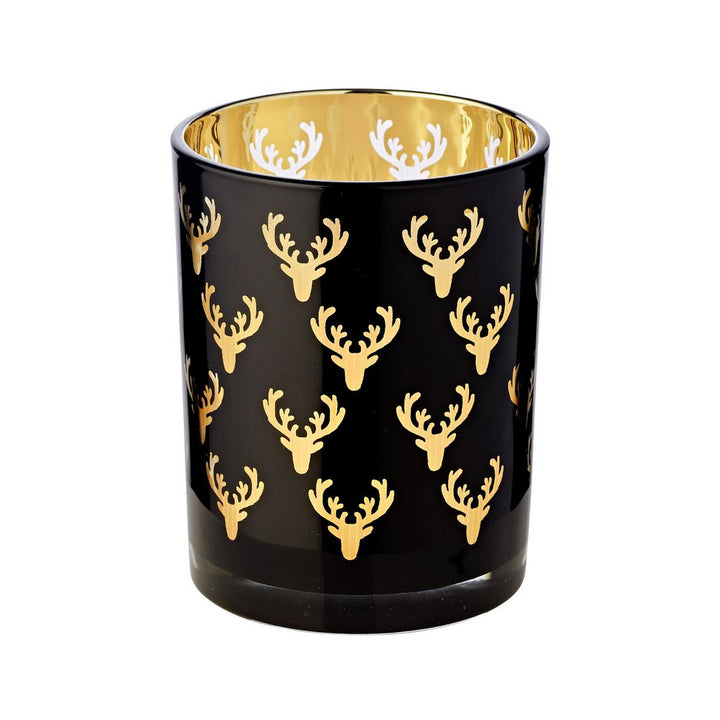 Porte-bougie verre (hauteur 13 cm), noir, motif cerf