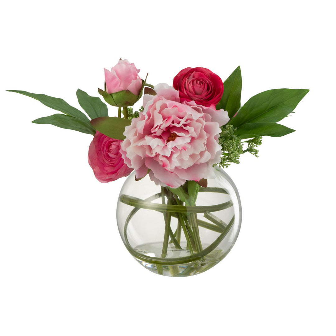 Renoncule & Pivoine en Vase Boule Verre Rose