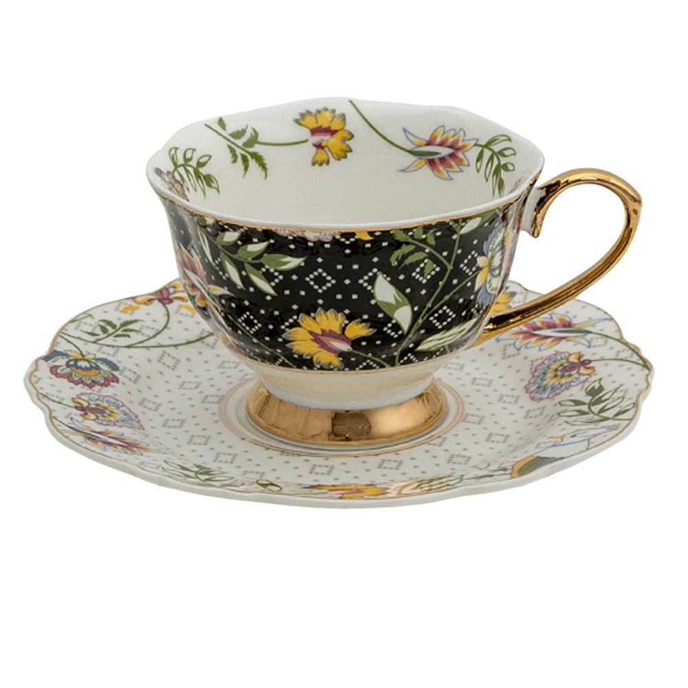 Tasse et soucoupe 200 ml Blanc Noir Porcelaine Fleurs Vaisselle