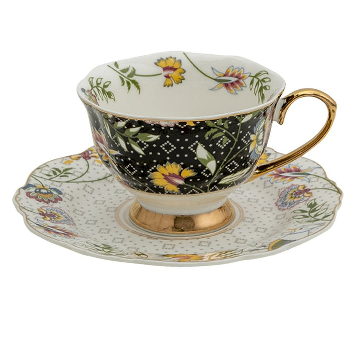 Tasse et soucoupe 200 ml Blanc Noir Porcelaine Fleurs Vaisselle