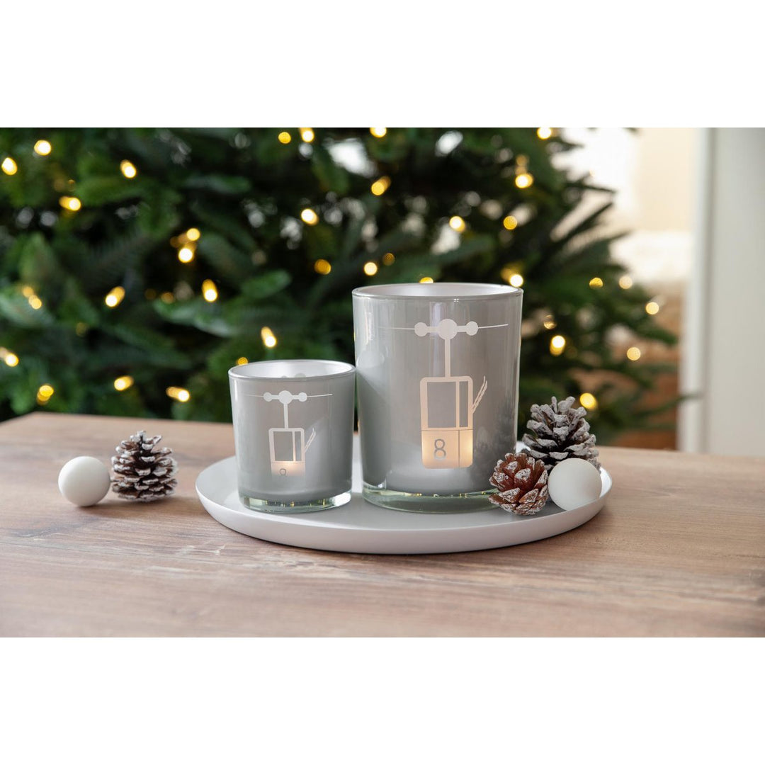 Lot de 2 photophores en verre (hauteur 8 cm, ø 7,5 cm) en gris, avec motif  télécabine de ski