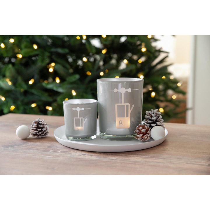 Lot de 2 photophores en verre (hauteur 8 cm, ø 7,5 cm) en gris, avec motif  télécabine de ski