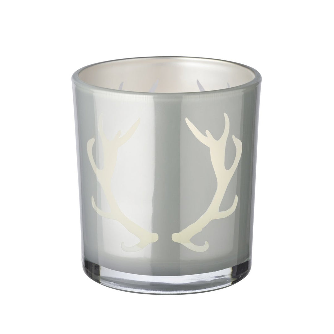 Lot de 2 verres à bougies chauffe-plat Ati (hauteur 8 cm, Ø 7 cm), gris, lanterne avec motif bois de cerf