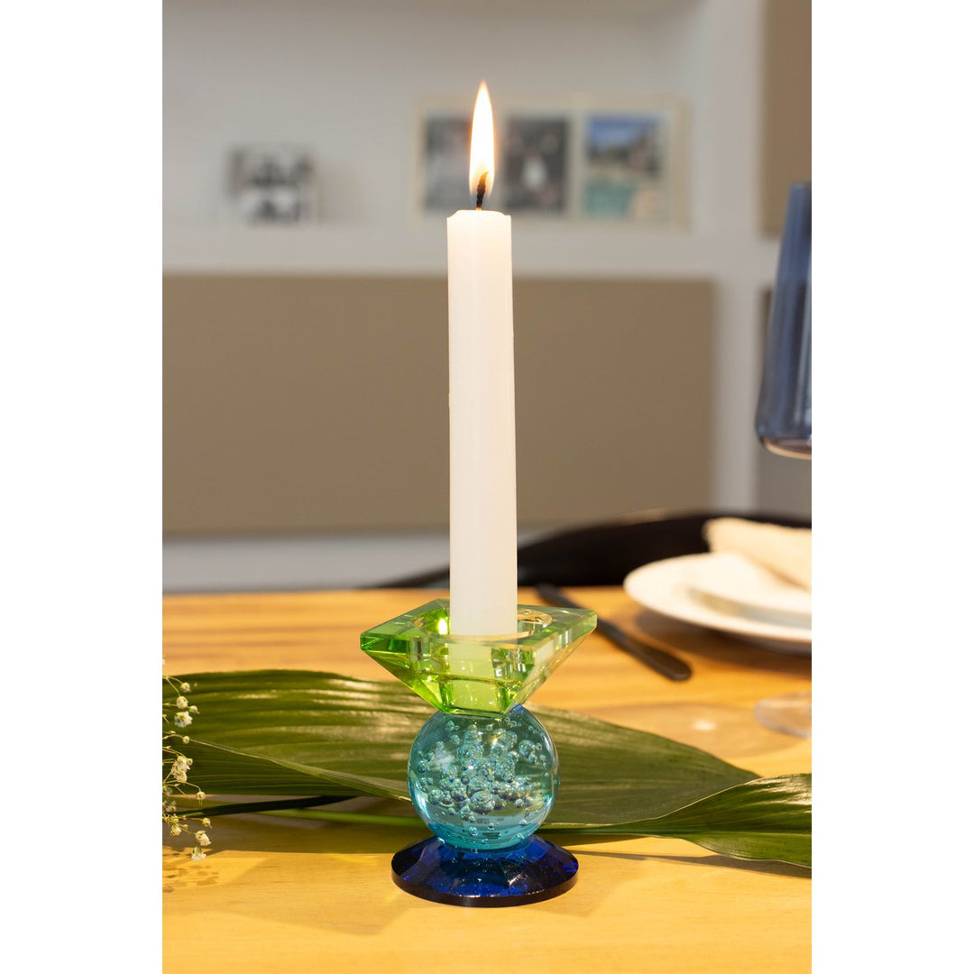 bougeoirs en verre colore bleur et vert