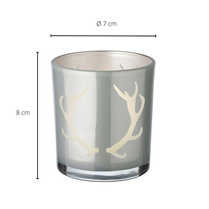 Lot de 2 verres à bougies chauffe-plat Ati (hauteur 8 cm, Ø 7 cm), gris, lanterne avec motif bois de cerf