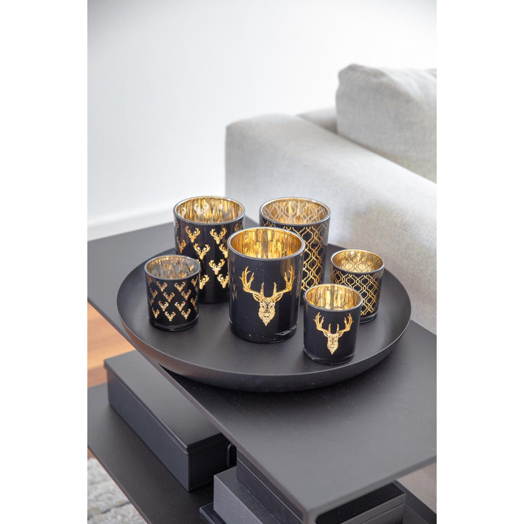 Porte-bougie en verre (hauteur 13 cm), noir, motif cerf