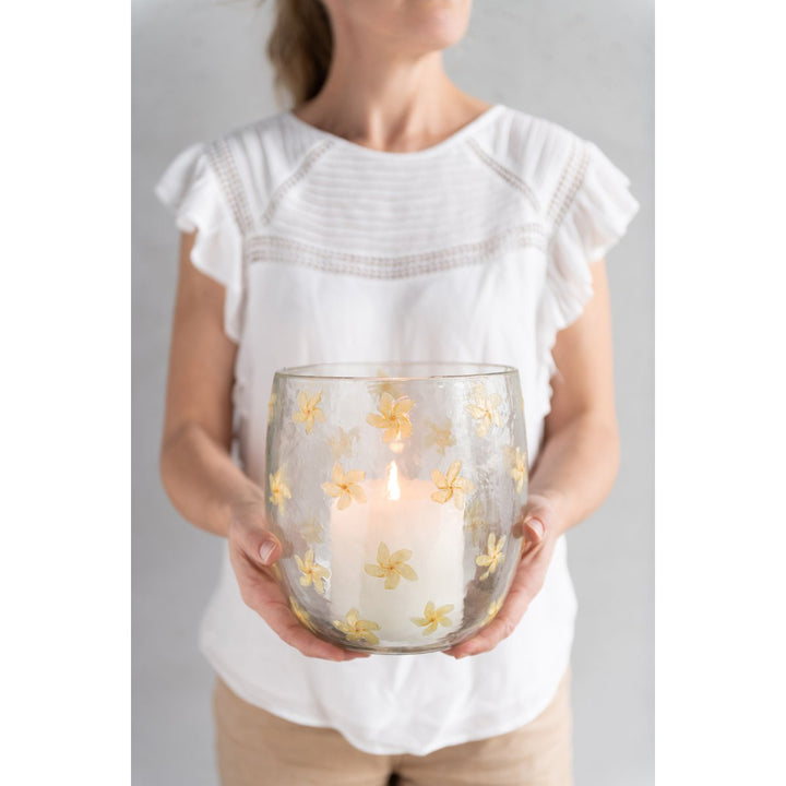 suppport bougie Fleurs  Verre Jaune 